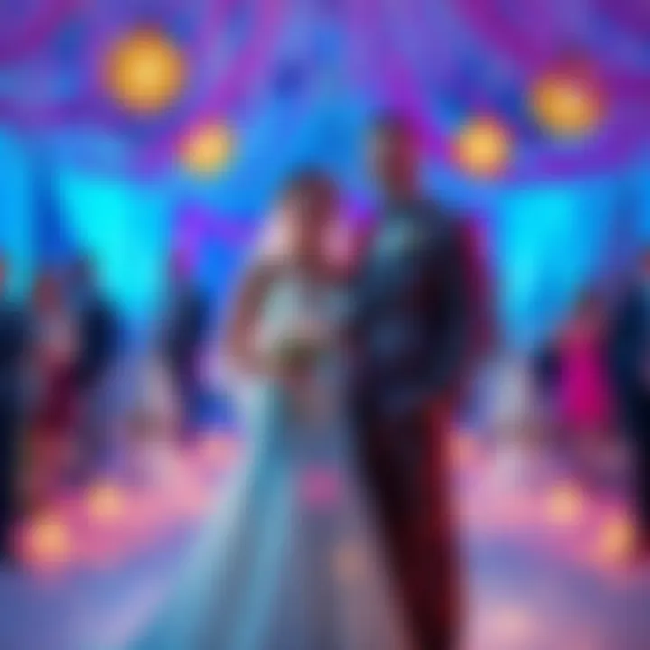 A couple dressed in wedding attire stands together, surrounded by crypto-themed decorations, celebrating their unique wedding with friends and family.