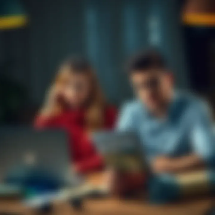 A frustrated couple sitting at a table with bills and a laptop, showing concern over their blocked bank account.