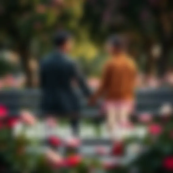 Couple Holding Hands A couple sitting on a park bench, holding hands and smiling at each other, surrounded by blooming flowers.
