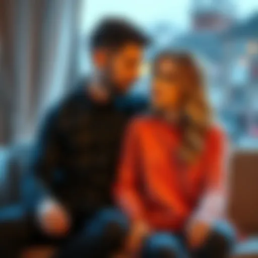 A couple sitting closely together looking serious while talking about intimacy issues, expressing concern and support for each other.