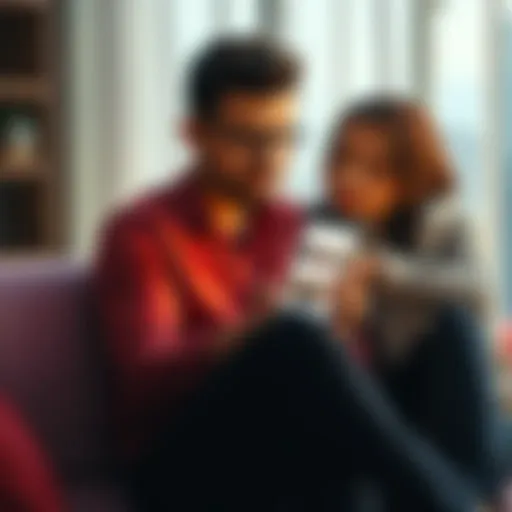 A couple sitting together, looking at a smartphone showing ads for adult apps, looking concerned about the impact on their relationship.