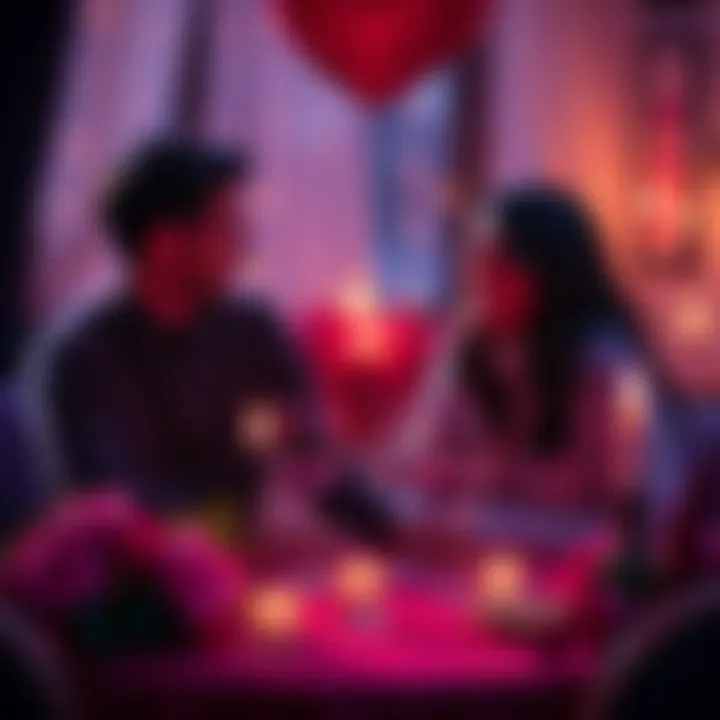 A couple enjoying a romantic dinner on Valentine's Day, surrounded by candles and flowers