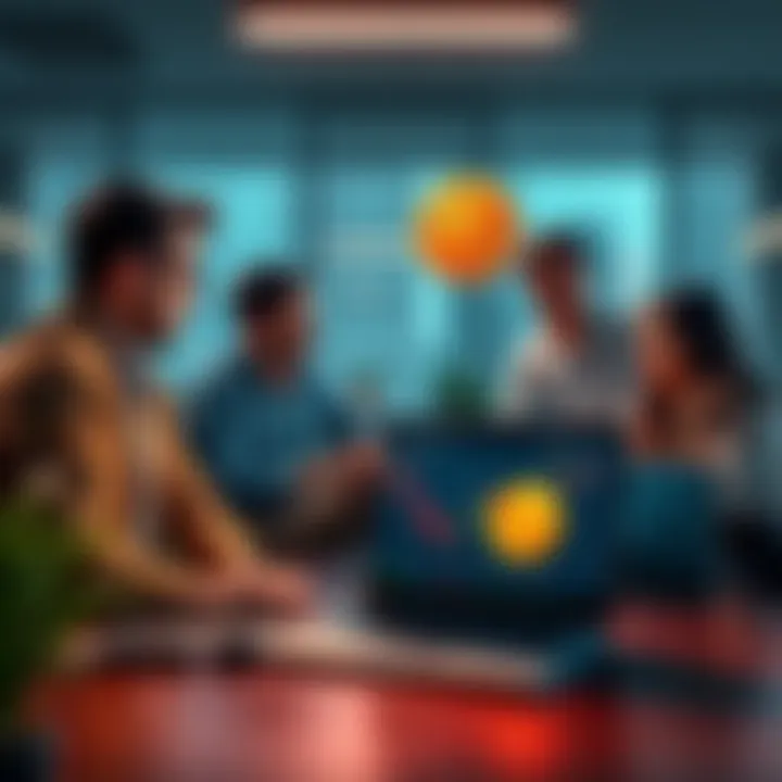 A group of coworkers debating the legitimacy of Bitcoin in a modern office setting, with a laptop displaying Bitcoin charts in the foreground.