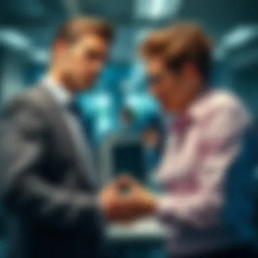 Two coworkers having a tense discussion in an office setting, one looking upset after a promotion, the other appearing passive-aggressive.