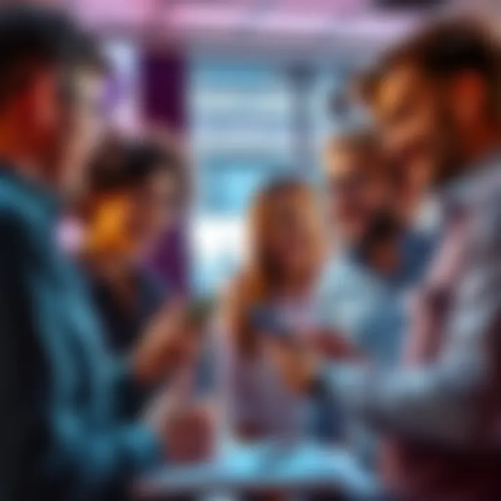 Group of coworkers excitedly talking about a new payment app after a demonstration