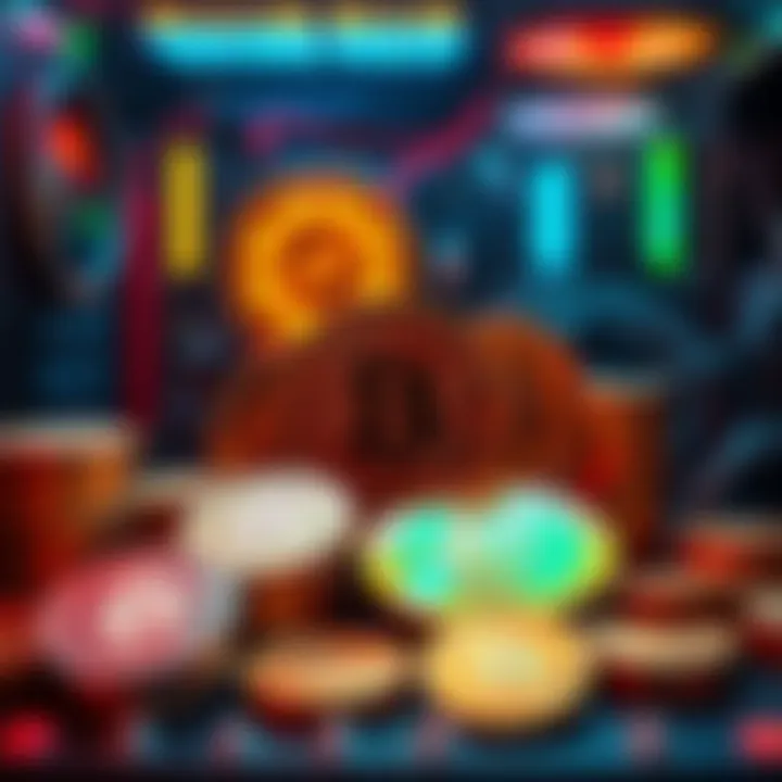 A visual representation of various CPU coins suitable for mining, with computer hardware in the background showing mining activities.