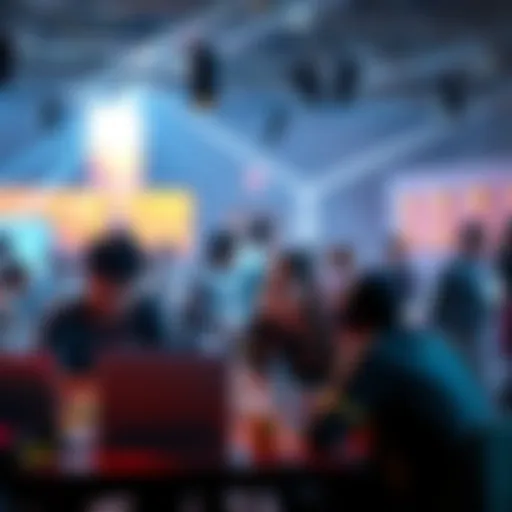 Group of students collaborating at a hackathon, working on tech projects with laptops and coding materials