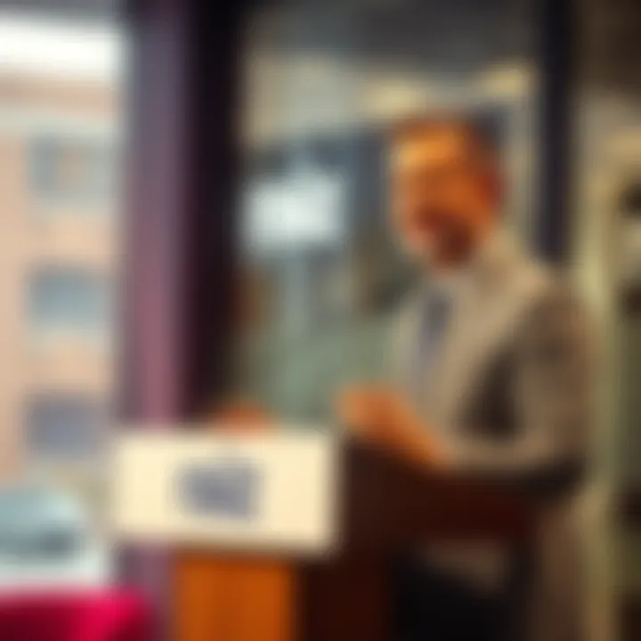 Craig Keary speaking at a podium about financial inclusivity for Australians