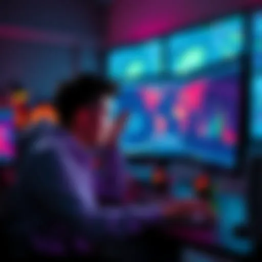 A person working on a computer, designing a project using Avalanche technology tools, with colorful graphics on the screen.