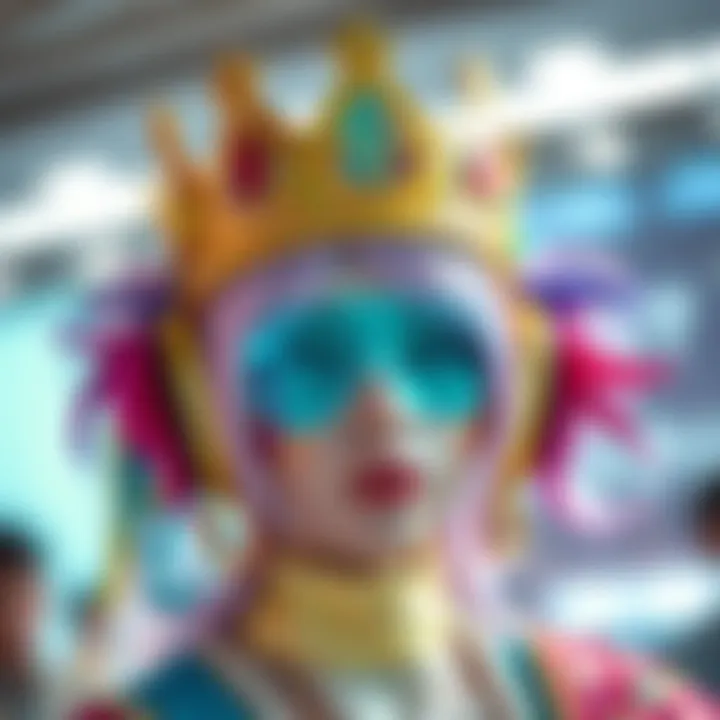 A vibrant crown cosplay design featuring colorful elements and creative accessories, showcasing a fan's character representation