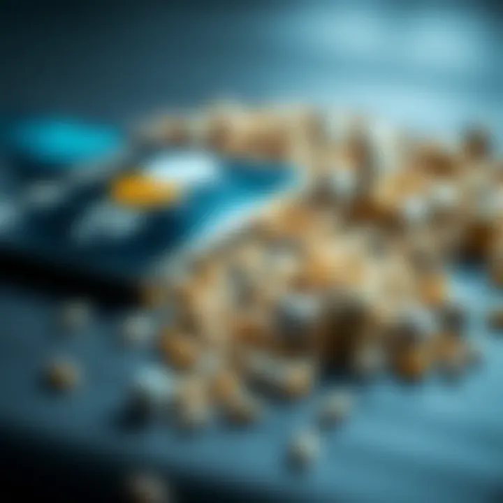 A close-up view of a credit card next to scattered dice seeds on a table, representing financial choices and wallet generation.