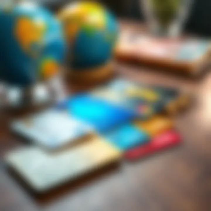 A selection of credit cards laid out on a table, with a globe and currency notes nearby, representing smart spending strategies.