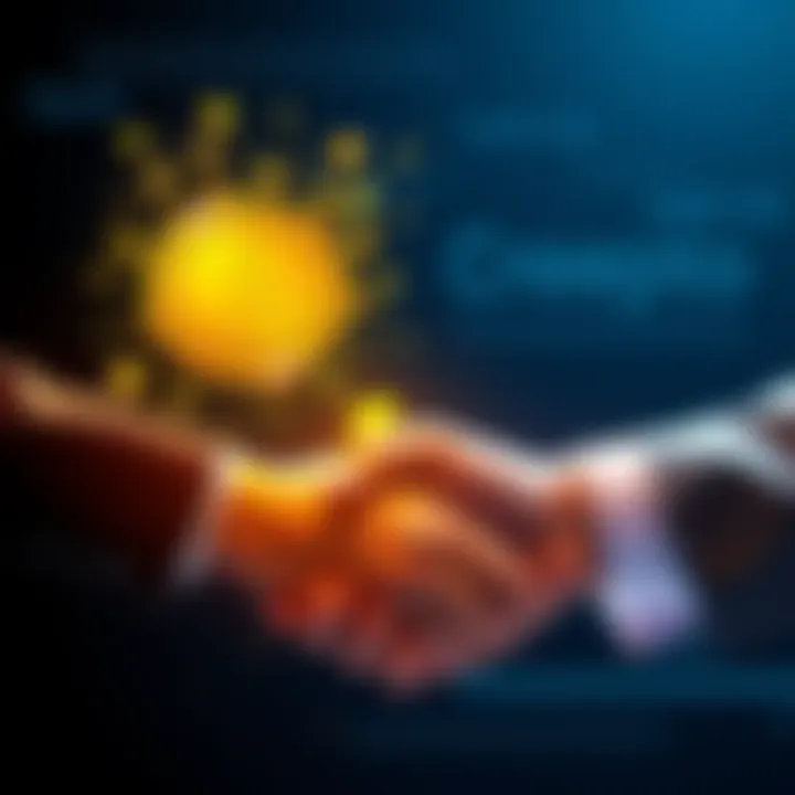 Creepto stable coin logo transitioning from a broken bank icon to a handshake with a bank, symbolizing partnership with traditional banking.