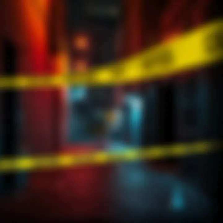 A dark alley in Dubai with police tape and evidence markers, hinting at a violent crime scene