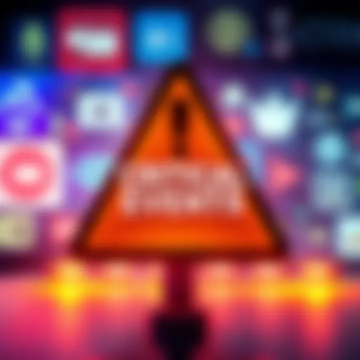 A digital alert graphic featuring a bold warning sign with a background showing various news symbols
