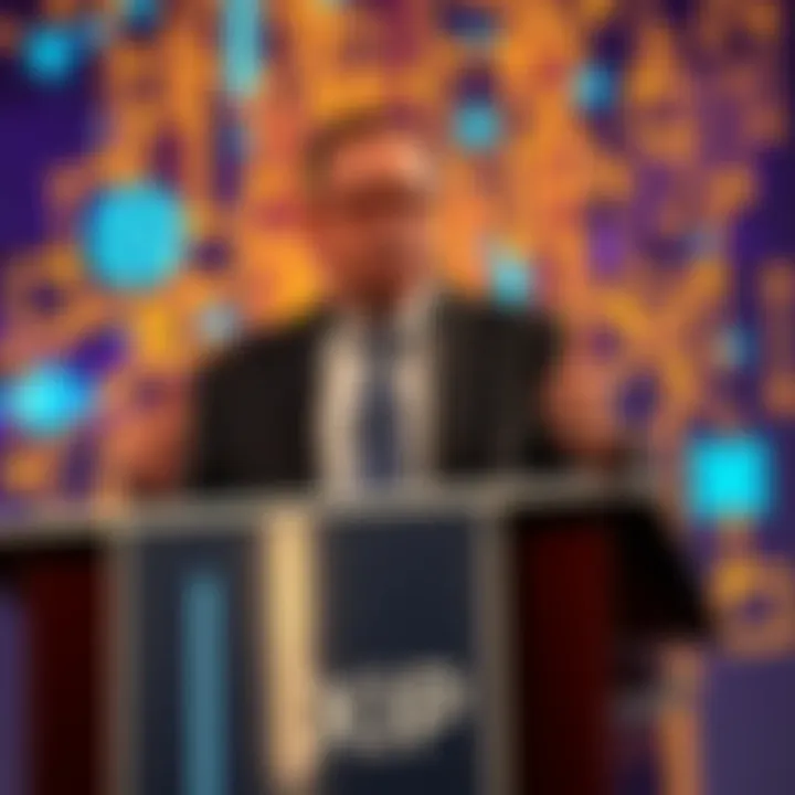 A former SWIFT executive speaking at a podium, expressing concerns about Ripple's XRP token, with a backdrop of blockchain graphics.