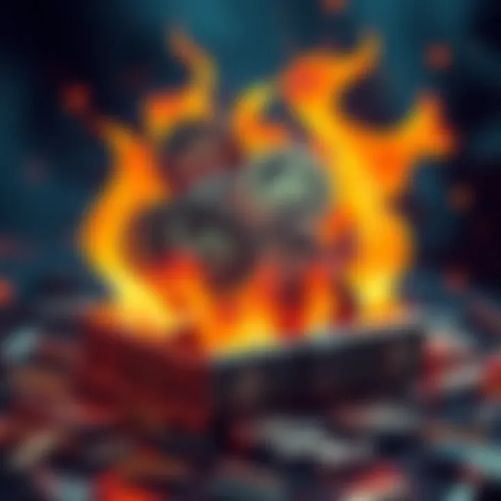 CRO Tokens Being Burned Illustration of CRO tokens burning in a digital wallet, symbolizing an app's focus on buying and burning tokens.