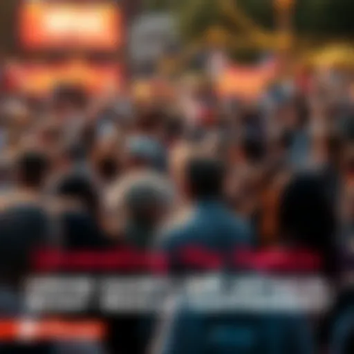 A diverse group of people gathered in an outdoor space, expressing concern and curiosity about a recent event, with signs and banners visible.