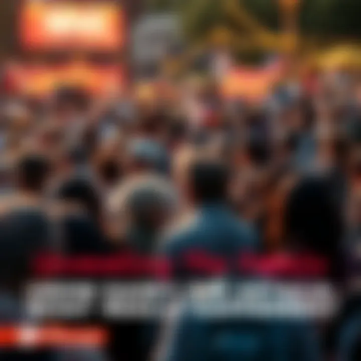 A diverse group of people gathered in an outdoor space, expressing concern and curiosity about a recent event, with signs and banners visible.