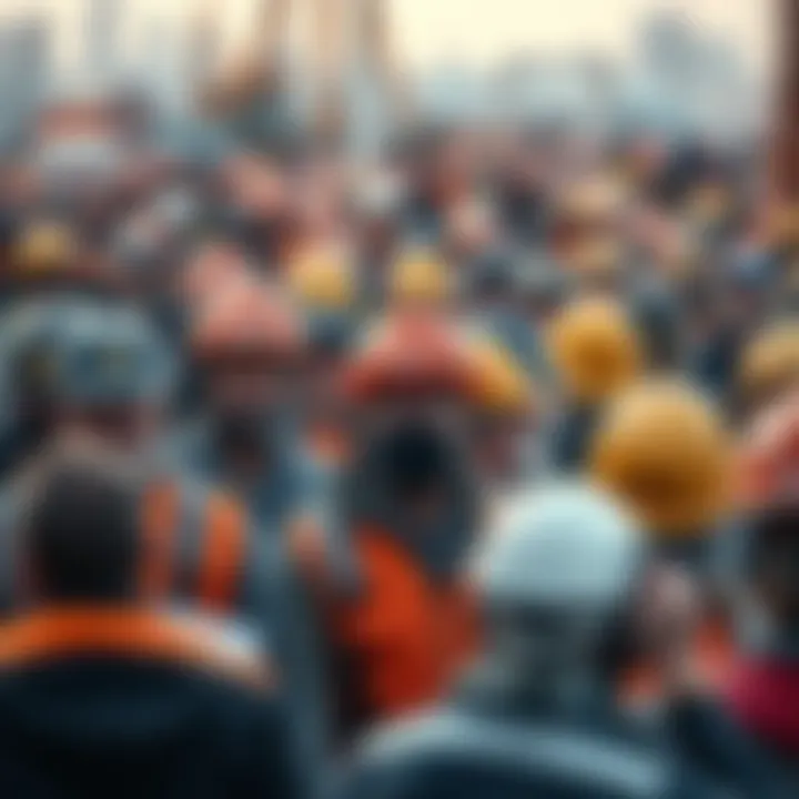 Workers gathering at a local job site, creating a busy atmosphere with new faces present.