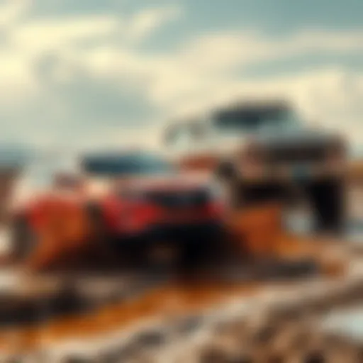 A modern CRV splashes through mud next to a classic lifted 70s Ford, showcasing their off-road capabilities.
