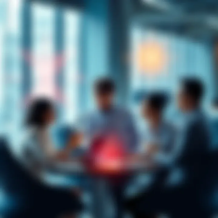 A group of professionals discussing crypto and AI innovations in a modern office setting.