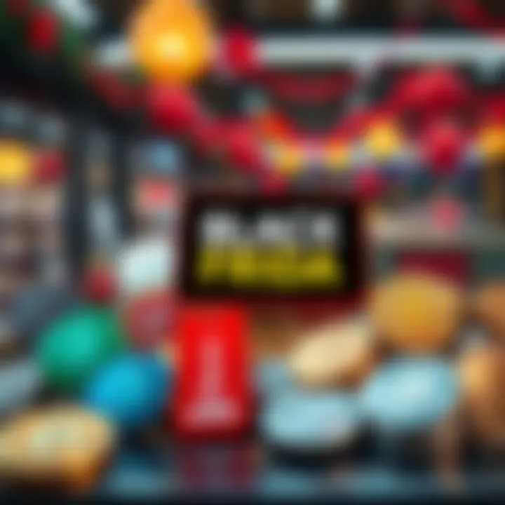 A collection of popular cryptocurrencies displayed with price tags showing discounts, set against a festive Black Friday shopping backdrop.