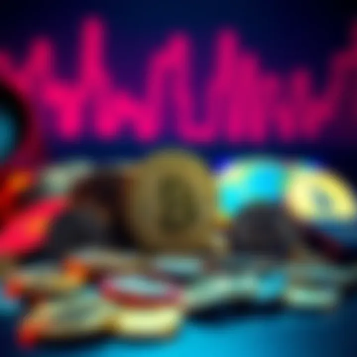 A variety of popular cryptocurrency coins placed on a table, symbolizing choices for long-term investment.