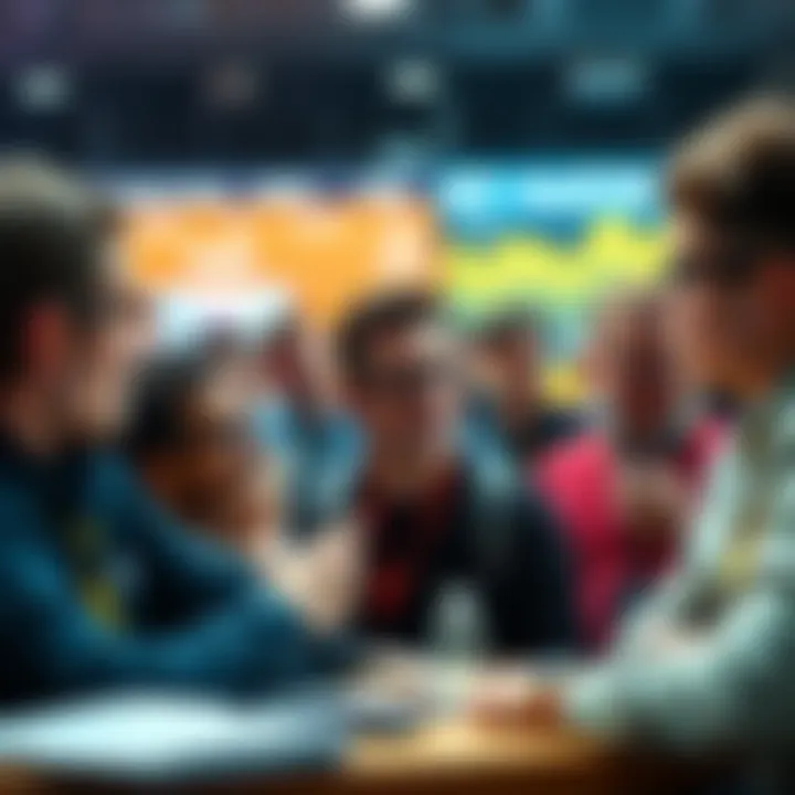A group of people discussing investment predictions in a cryptocurrency forum, with expressive gestures and focused expressions.