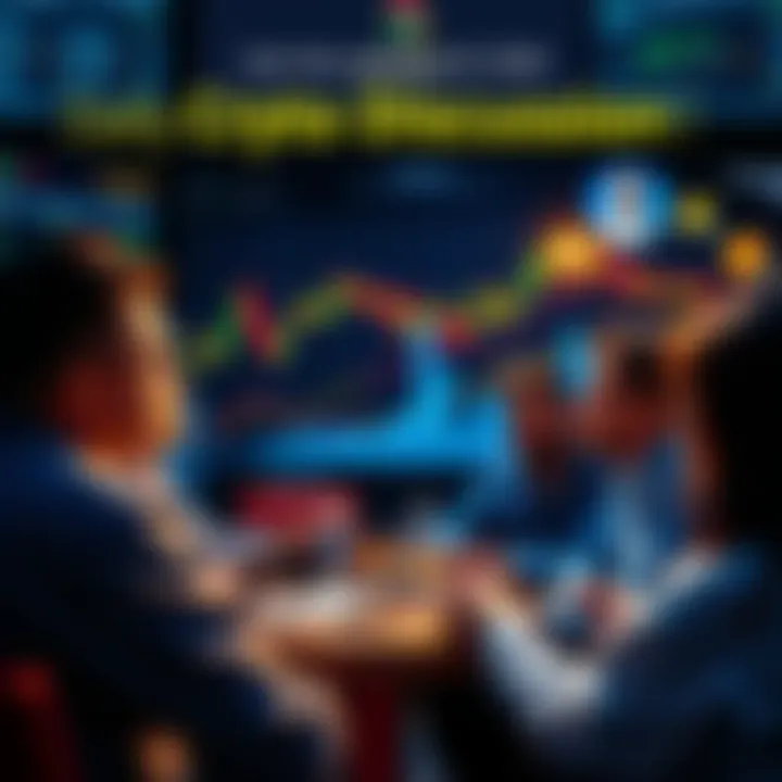 A group of people discussing cryptocurrency strategies and tips, with charts and coins visible in the background