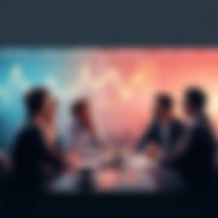 Crypto Discussion Group A group of people discussing cryptocurrency trends with charts and graphs in the background.