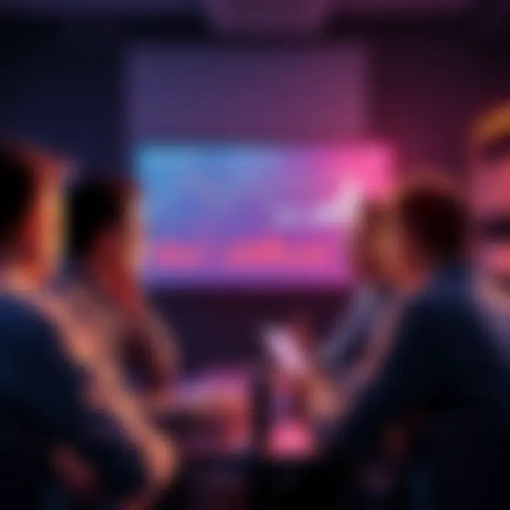 A group of people discussing cryptocurrency with charts and graphs on a screen