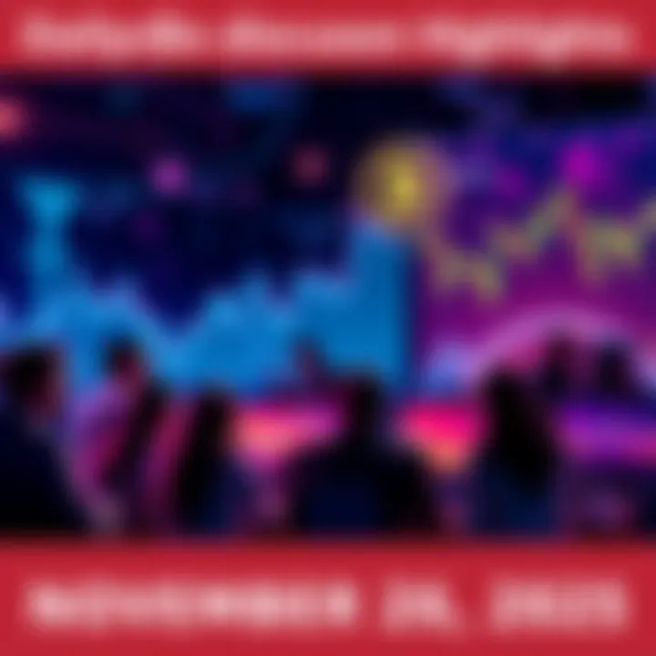 A group of people engaging in a lively discussion about cryptocurrency trading and trends, with charts and digital currency symbols in the background.