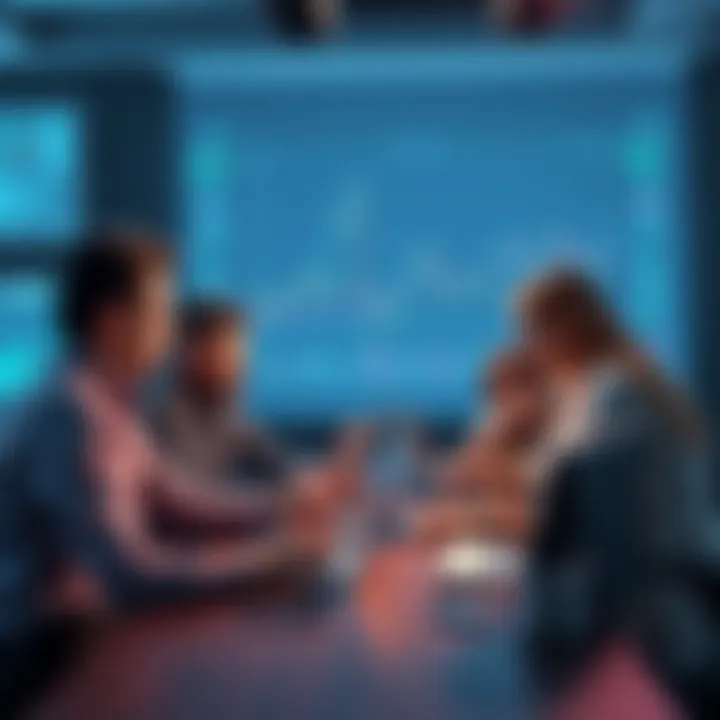 A group of people discussing cryptocurrency trends with laptops and charts