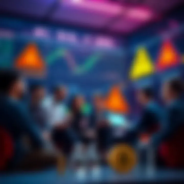 A group of people discussing cryptocurrency trading tips, with charts and warning signs in the background.