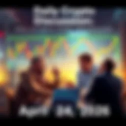 Group of people discussing cryptocurrency trading with charts and laptops