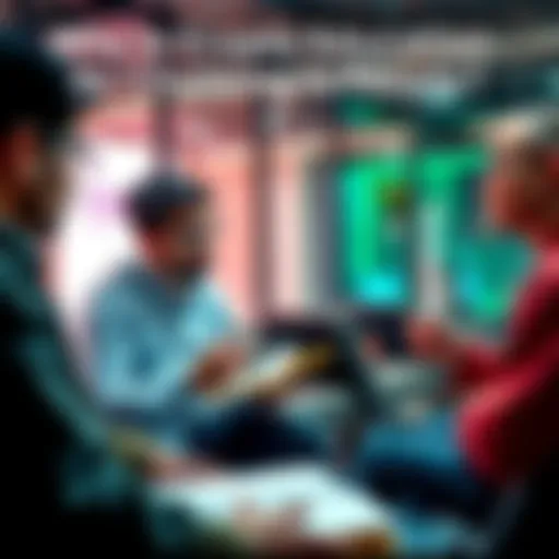 A group of individuals engaging in conversation about cryptocurrency education with books and laptops