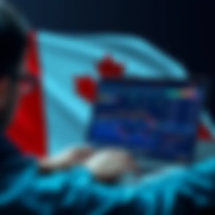 A person looking at a laptop screen displaying cryptocurrency charts and graphs with a Canadian flag in the background.