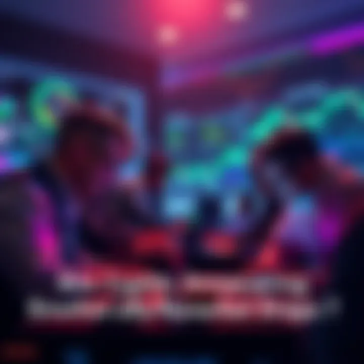 A group of crypto investors looking at fluctuating charts on their laptops, showing signs of emotional detachment during market drops