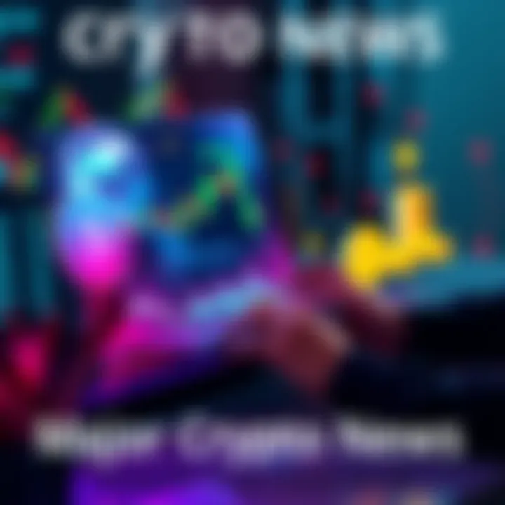 A person checking cryptocurrency charts and news on a laptop with graphs and coins visible