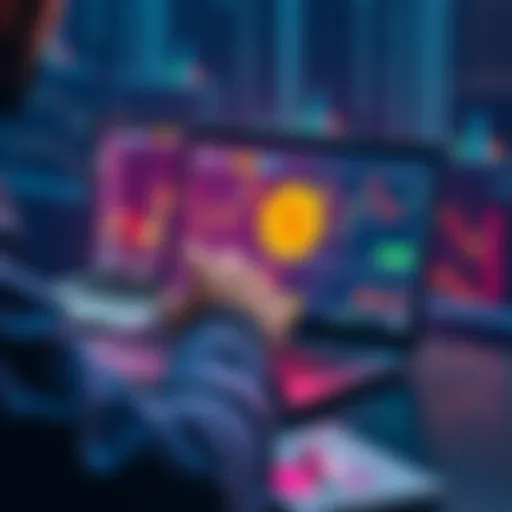 A person working on a laptop with charts and crypto symbols on the screen, representing the creation of a crypto-paywall.