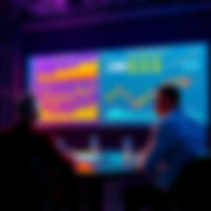 A group of people discussing cryptocurrency risks with charts and graphs on a screen.