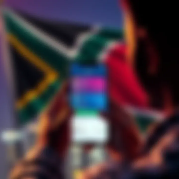 A person looking at a smartphone displaying cryptocurrency trading options, with a South African flag in the background symbolizing local crypto market challenges.