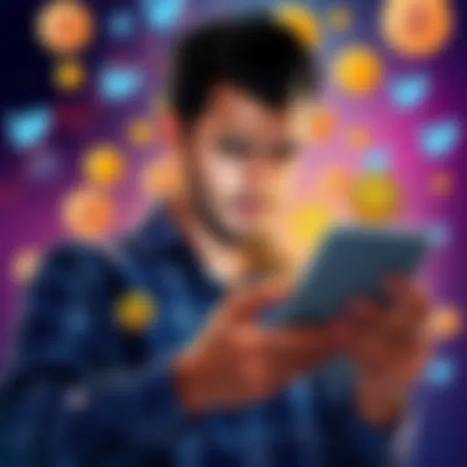 A person scrolling through social media with a confused expression, surrounded by charts and cryptocurrency symbols, depicting the clash between hype and genuine advice