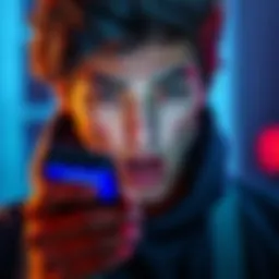 A frustrated person looking at their phone displaying a frozen crypto account message