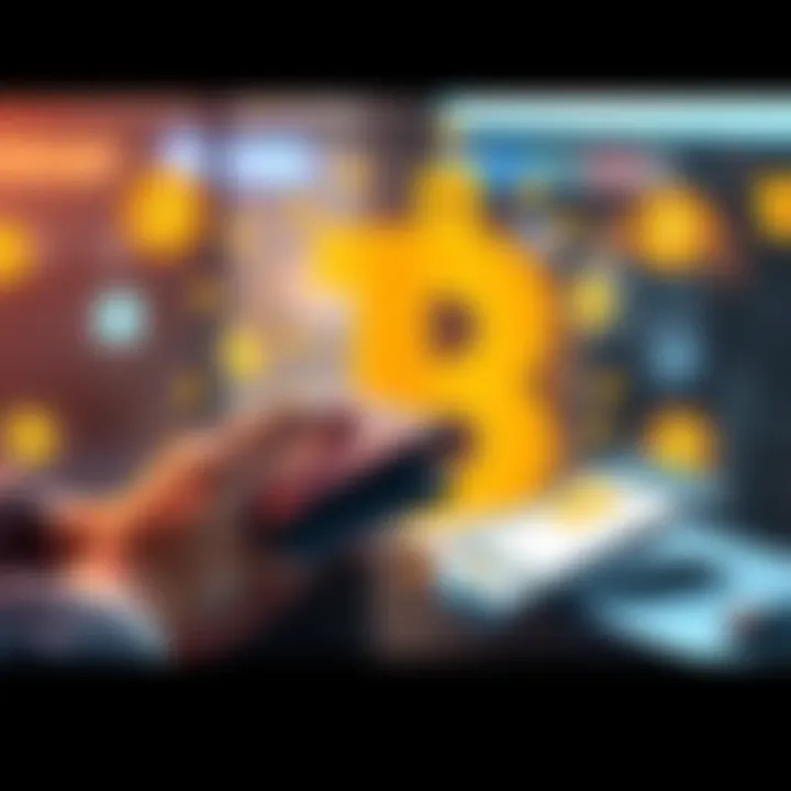 A person making a payment with a digital wallet on their phone, with various blockchain symbols in the background, signifying crypto integration into everyday transactions.