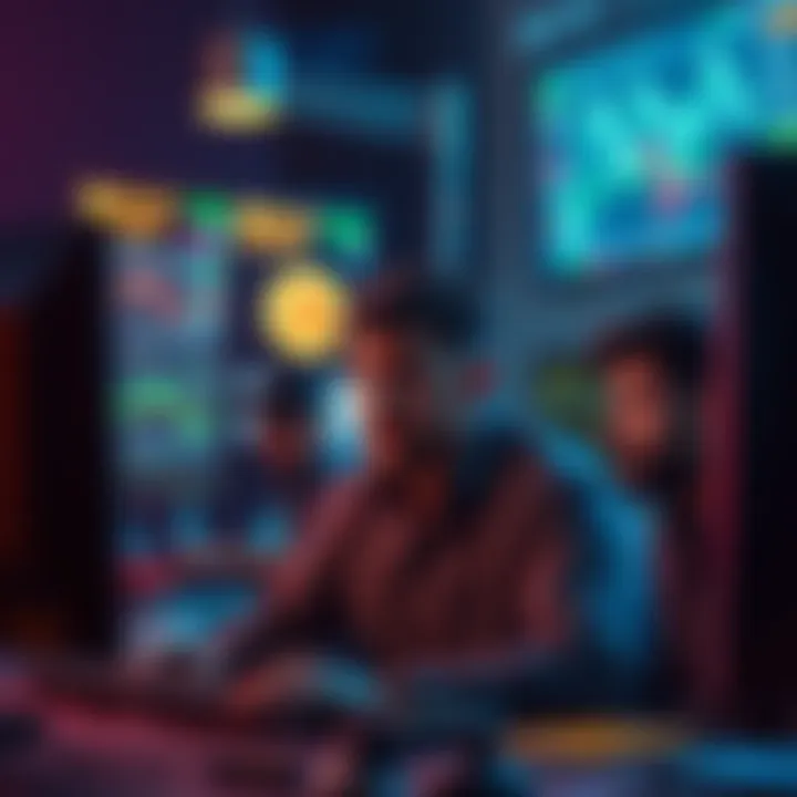 A group of distressed traders looking at computer screens showing losses after a violent crypto attack
