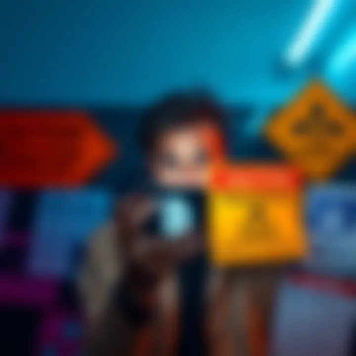 A person looking uncertain while holding a smartphone with cryptocurrency symbols on the screen, surrounded by caution signs and regulations documents.