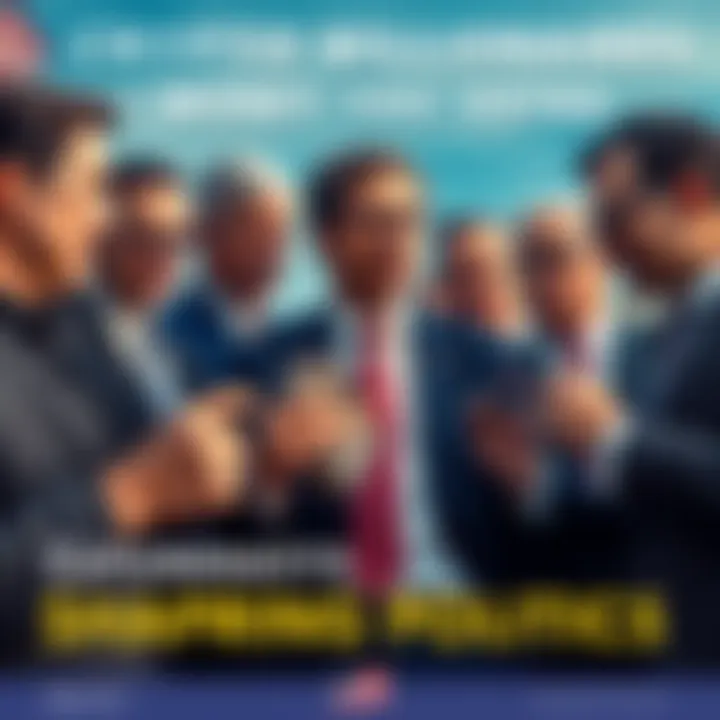 A group of wealthy individuals in suits discussing political strategies while holding currency notes