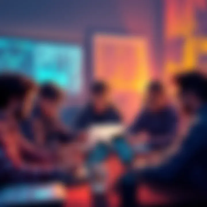 A group of young people discussing cryptocurrency trends with laptops and digital screens around them